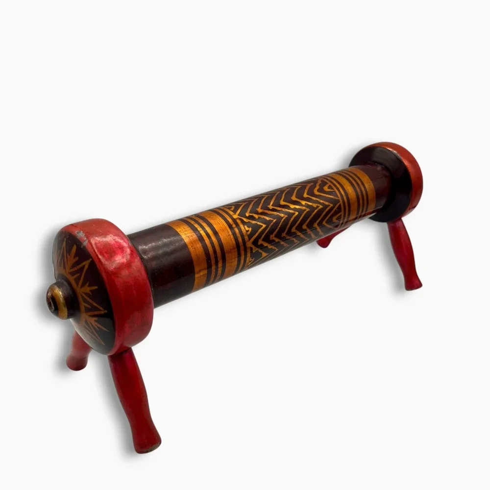 Vintage Handcrafted Lacquered Wood Foot Stool Rolling Pin Red Gold